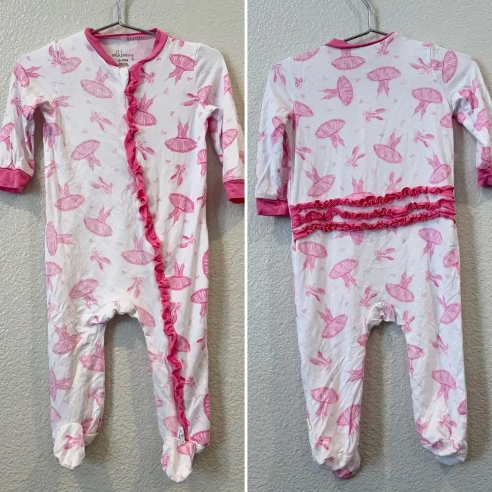 Mulberry Ruffle Zip Footie PJ Pajama Onesie Ballet Tutu white pink